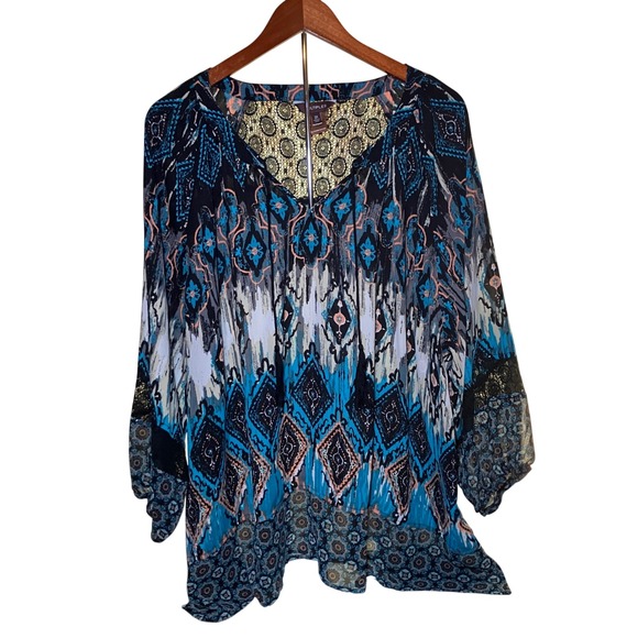 Multiples Tops - Multiples Peasant Blouse Women 3X Blue Boho Mixed Print Tassel Lace Trim Top